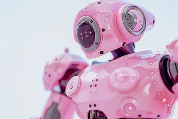 Aufkleber - This image features a close-up of a pink robot's torso with soft focus on the background, emphasizing the robotic details