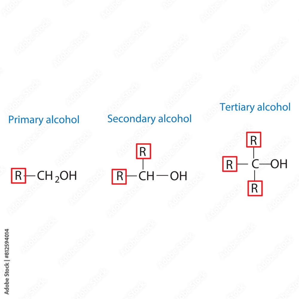Primary, Secondary and Tertiary alcohol molecule skeletal structure ...