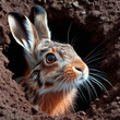 Cute brown hare peeking out of hole in ground.