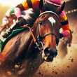 Horse racing horse and rider close up