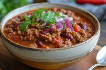 Sticker - Bowl of chili con carne garnished with fresh cilantro and onion, perfect for a cozy meal