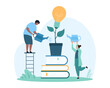 © Iconic Prototype - Education and knowledge for creative idea development. Tiny people watering light bulb plant growing from stack of books, develop creativity and innovation thinking cartoon vector illustration