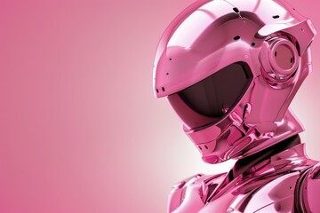 Poster - Detailed image of a futuristic pink robot's head against a bright pink background, highlighting its sleek design