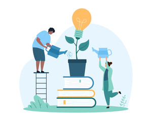 education and knowledge for creative idea development. tiny people watering light bulb plant growing