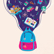 School supplies flying in the air above backpack in foreground vector