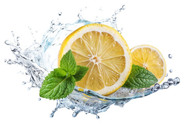 Wall Mural - Lemon water splash isolated on white transparent background, Lemon fruit slice leaves and water splash on white  background., citrus piece and mint foliage flying png.