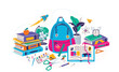School supplies vector illustration, group on the center with pen