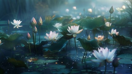 Canvas Print - Lotus flowers blooming in a serene pond, symbolizing purity and enlightenment