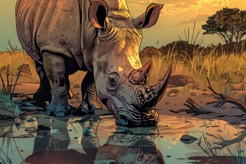 Wall Mural - A rhino peacefully drinking water at a watering hole. Perfect for nature and wildlife concepts