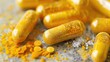Berberine Capsules Closeup. Insulin Control Supplement with Yellow Berberine Pills, Ancient
