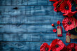 Red remembrance poppy and soldier tags on a vintage blue wooden table  Memorial Day.