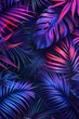 Tropische Palmenblätter in Neon Farben auf dunklem Hintergrund. 