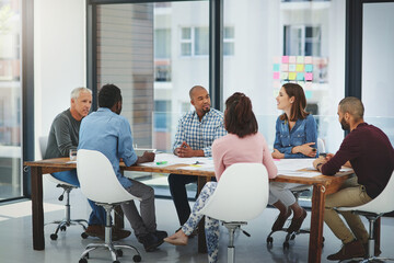 Aufkleber - Business people, meeting and discussion with creative team for collaboration, planning or brainstorming at office. Group of employees talking in boardroom, conference or ideas in startup at workplace