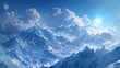A panoramic scene of snow covered mountain range under cloudy peaks with a bright sun in a deep blue sky