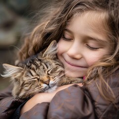 Hug Your Cat Day Tabby Cat Composite: Celebrating Hugging Cats. Caucasian Female, Children and Girl