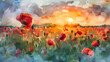 Artistic Memorial Day poppy field painting at sunset with a watercolor effect, blending remembrance and art.