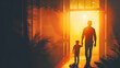 © Stock28 - fathers day silhouette with dad and son on background.father and child in the sunset card design.generative ai