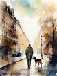 A man leads a dog on a leash they walk along the city street.