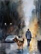 A man leads a dog on a leash they walk along the city street.