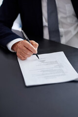 Poster - Document, businessman and pen for contract on desk, office and notes for deal. Hands, writing and legal paperwork for person, agreement and lawyer or attorney for proposal sign off and policy