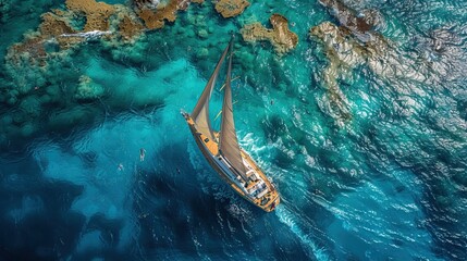 Wall Mural - Sailing yacht with people swimming in the turquoise sea, aerial view, drone photography. The scene depicts a sailing yacht with people swimming in the turquoise sea as seen from an aerial view, 