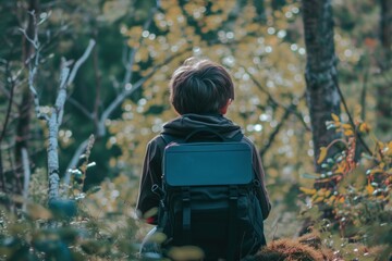 Poster - Solitary young hiker with a backpack observes the lush forest surroundings, depicting calm and exploration