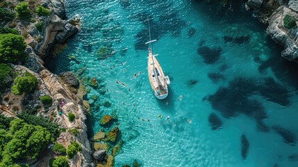 Wall Mural - Sailing yacht with people swimming in the turquoise sea, aerial view from above, wide angle lens showing a top down perspective, drone photography capturing the scene 