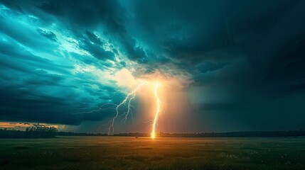 Canvas Print - A lightning bolt is striking a field of grass under the night sky, AI