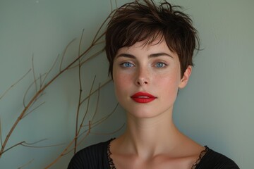 Wall Mural - A close-up of a young woman with short dark hair, radiant blue eyes, and red lipstick posing in front of a neutral background