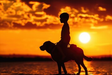 Sticker - Silhouette of a young boy riding a dog against a stunning sunset sky