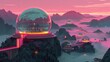 Futuristic domes over misty mountains with a glowing sunset backdrop, a surreal Digital illustration.