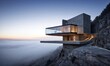 modern house on a cliff above the clouds at sunset.
