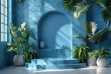 Wall Mural - An indoor scene with lush greenery and a striking blue wall with arched doorway, evoking a sense of calm