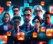 Illustration of a diverse professional team immersed in a vibrant digital environment, depicted in a futuristic, 3D style.