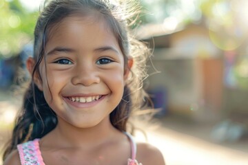 A cheerful young girl in a pretty pink dress, suitable for various projects