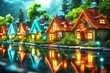 Magical illustration of quaint village houses at dusk, beautifully reflected in water with glowing windows and vibrant colors.