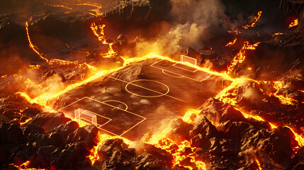 Wall Mural - 3d illustration of a soccer field at night with smoke and fire