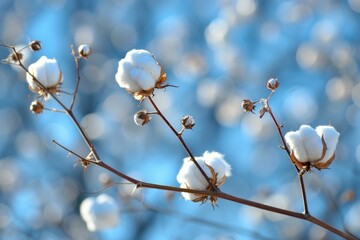 Sticker - Close-up of cotton bolls on branches with a soft blue bokeh effect in the background