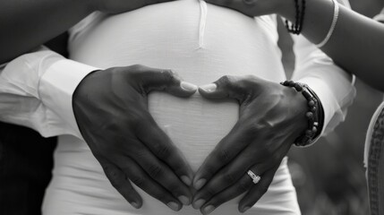 close-up of parents' hands forming a heart shape over the mother's pregnant belly, love and anticipa