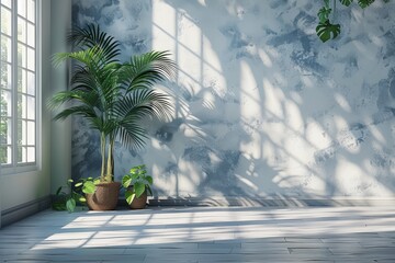 Wall Mural - A cozy corner featuring lush green plants in pots against a textured wall bathed in sunlight streaming through a large window