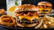 © starush - A cheeseburger with onion rings and a drink on the table, AI