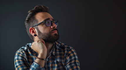 Poster - elegant young man thinking or curious something big blank place for your text or design for banner or ad social media post