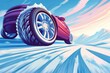 A red car driving on a snow-covered road, suitable for winter driving concepts