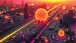 Vibrant 3D rendering of a futuristic cityscape integrated with neon-lit circuits and glowing data orbs, depicting a high-tech urban environment.