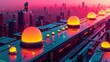 Dynamic 3D rendering of a cityscape with vibrant neon alert domes on a futuristic circuit board, evoking an advanced urban monitoring system.