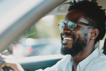 Man and Car. African American Male in Casual Attire Driving Auto on Black Background
