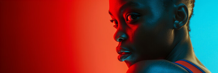 African american woman in Blue and Red Tank Top on the neon background. Banner with copy space