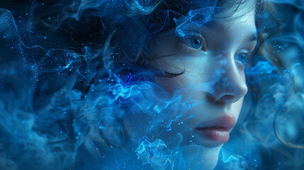 Wall Mural - Artistic depiction of a young female figure with mesmerizing cobalt highlights on her hair and face-2