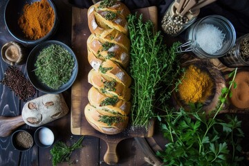 Sticker - Freshly baked garlic bread with herbs and spices on a dark wooden background