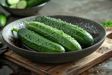 Vibrant green fresh cucumbers with water droplets in a dark ceramic bowl on a wooden board background